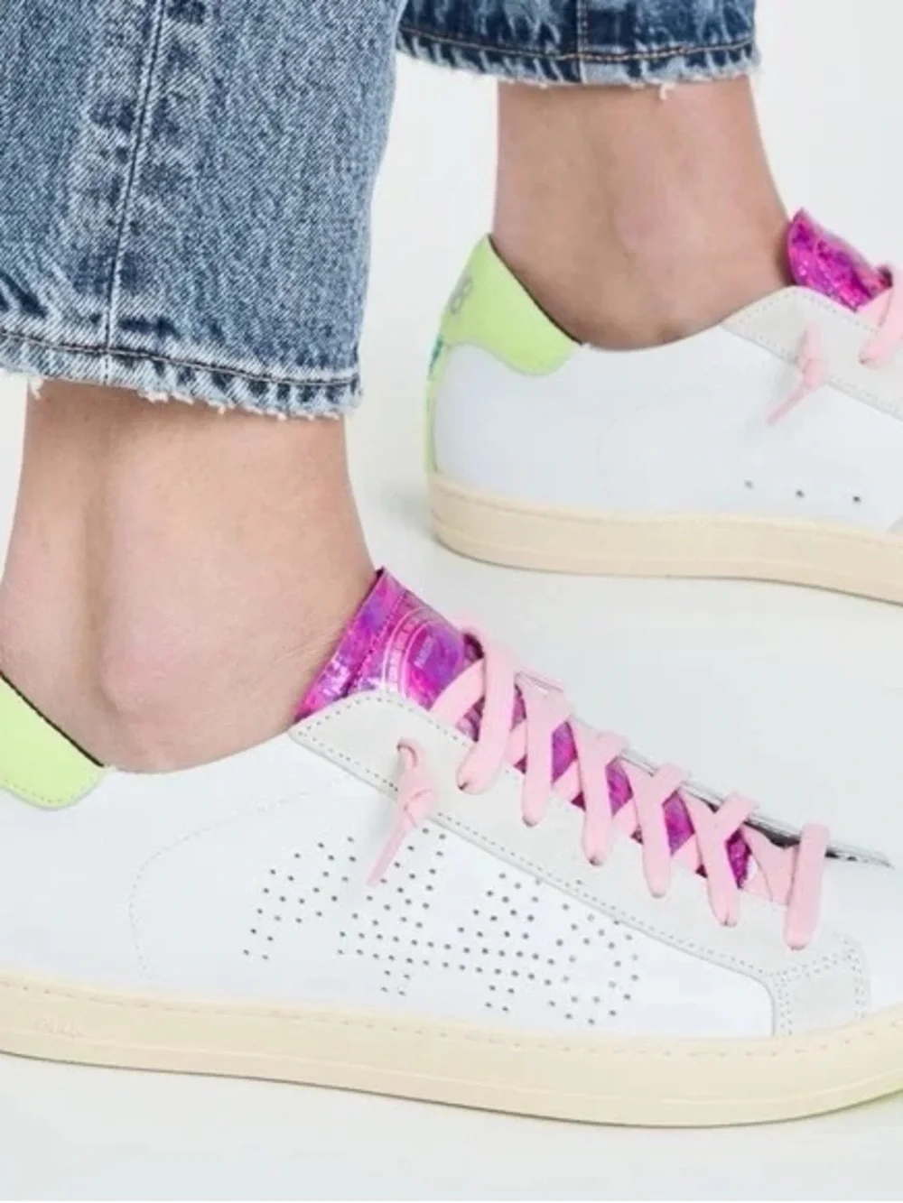 P448 White Sneakers with Pink Laces and Purple Tongue